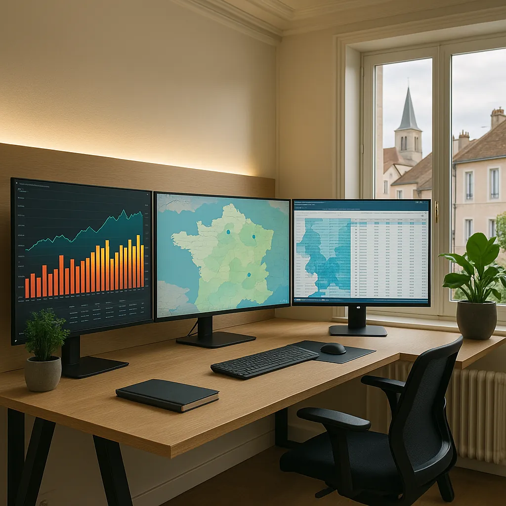 Bureau moderne d'agent immobilier avec écrans multiples affichant graphiques de marché, cartes interactives et outils d'analyse, ambiance high-tech