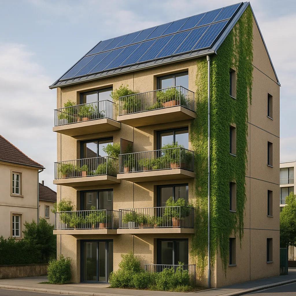 Immeuble résidentiel moderne avec panneaux solaires sur le toit et façade végétalisée, représentant la transition énergétique dans l'immobilier français