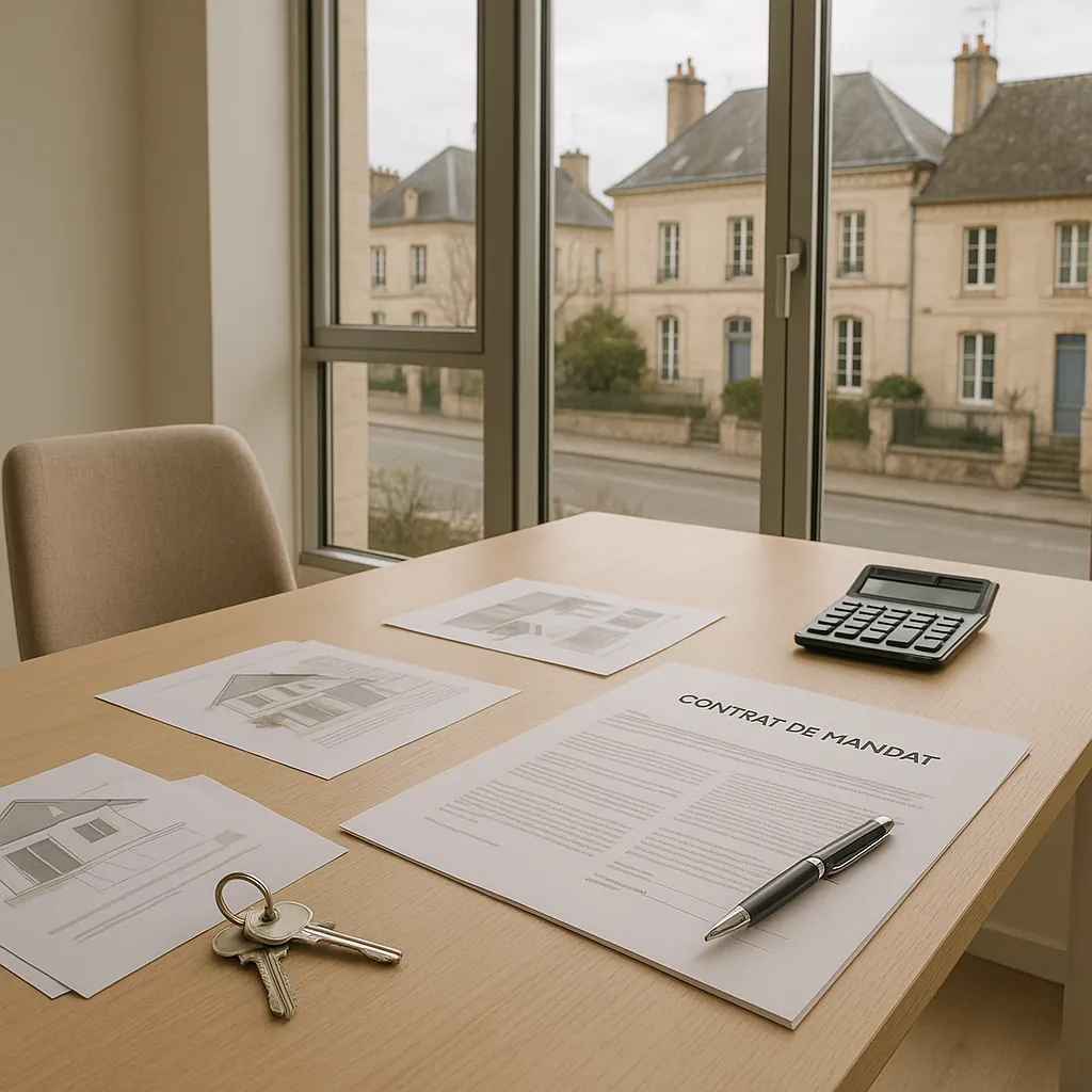 Bureau moderne et épuré avec documents immobiliers, clés de propriété et contrat de mandat posés sur un bureau en bois, lumière naturelle filtrant par de grandes baies vitrées