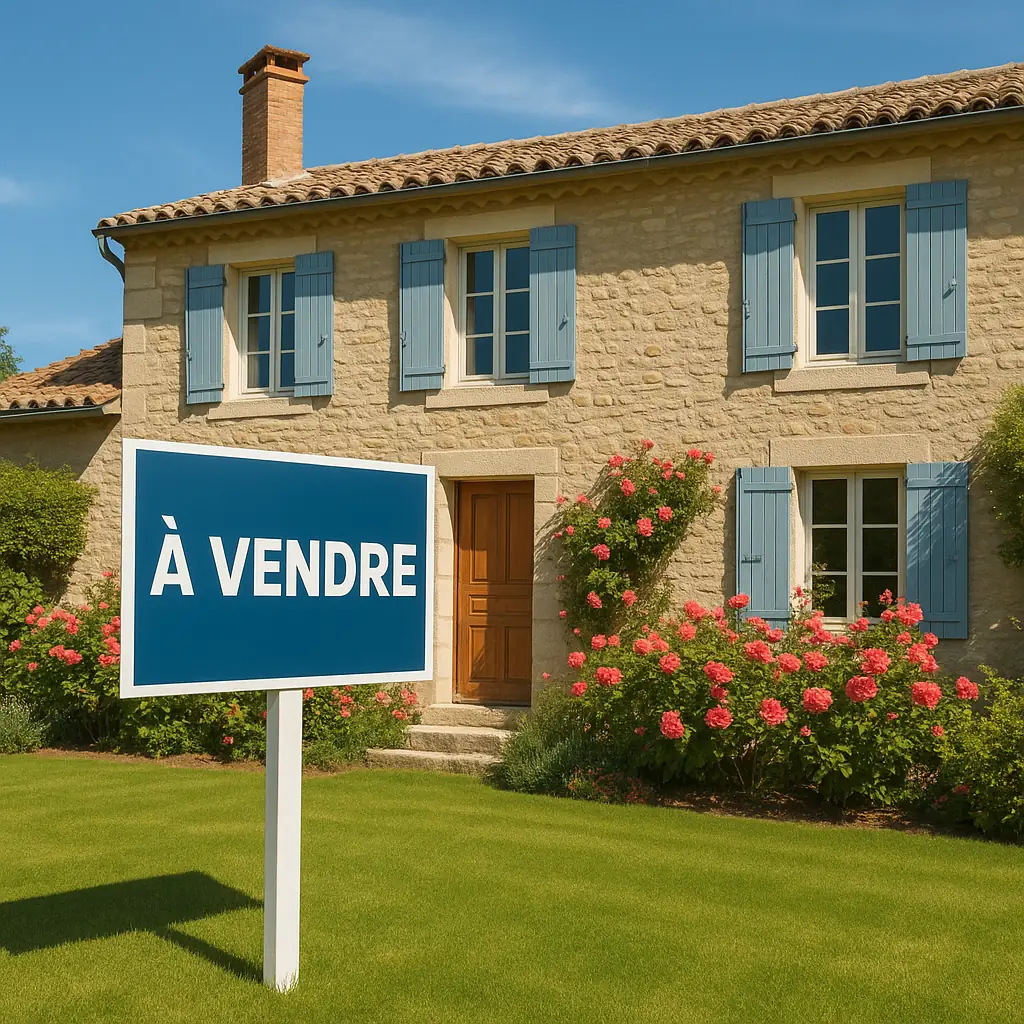Panneau à vendre devant une belle maison française avec jardin fleuri et façade en pierre