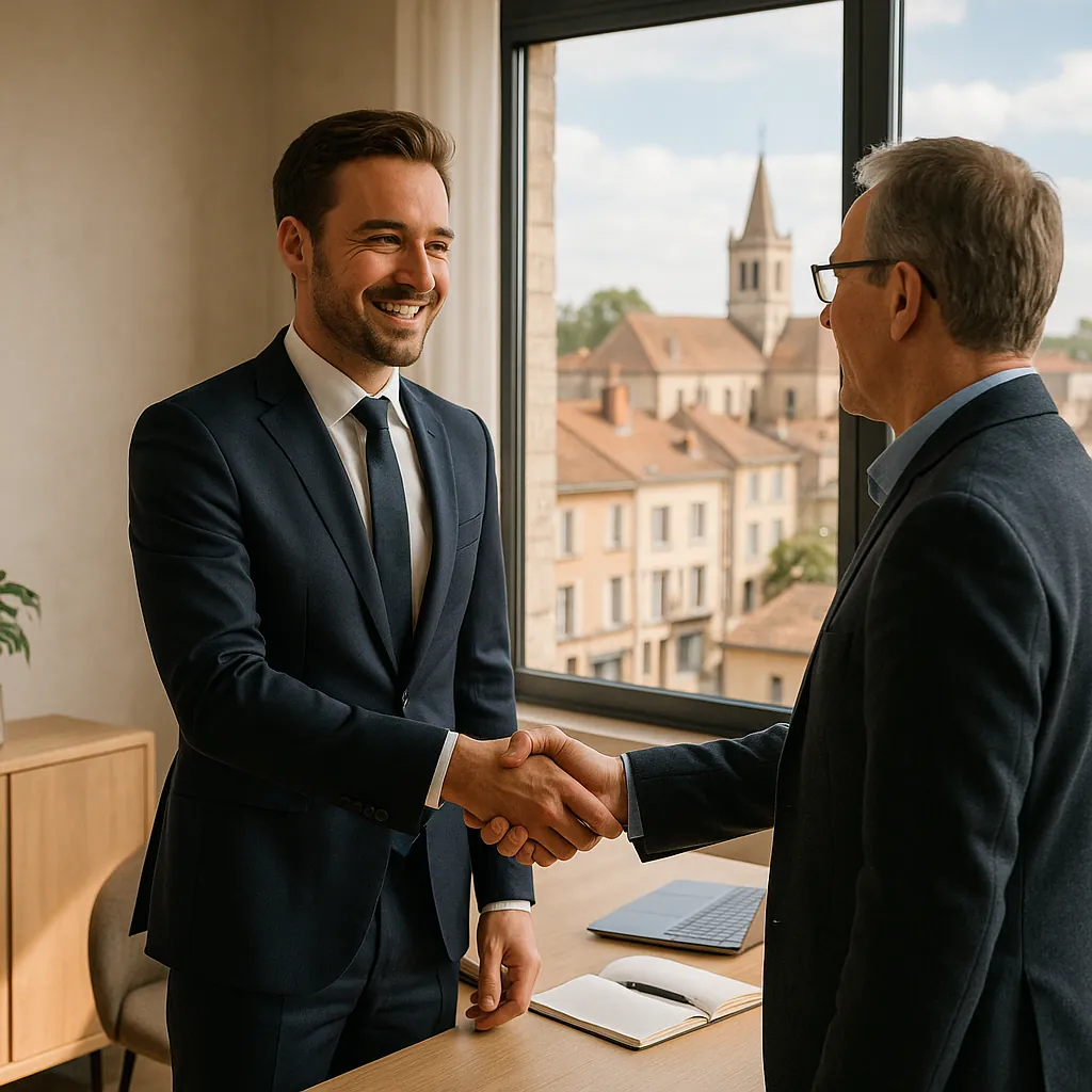 Agent immobilier professionnel serrant la main d'un partenaire local lors d'une rencontre networking dans un bureau moderne français, ambiance chaleureuse et professionnelle