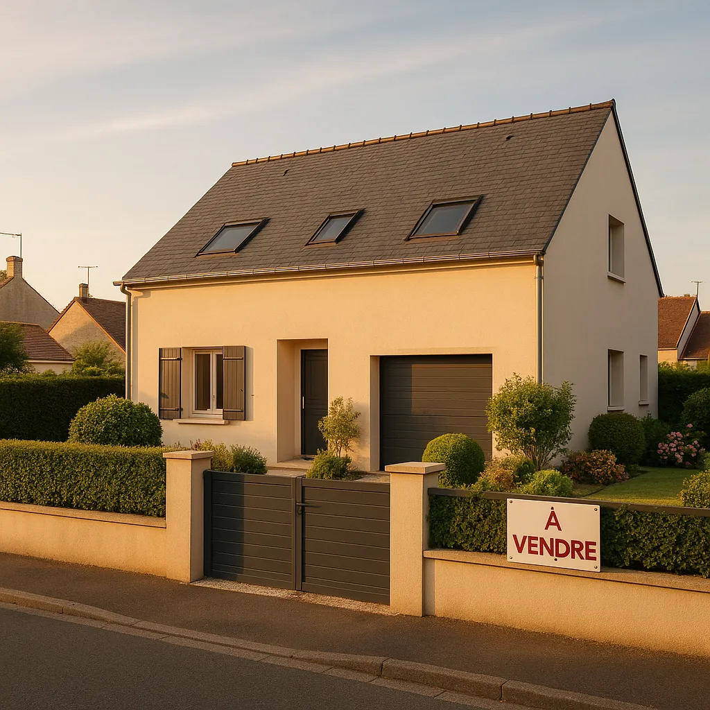 Maison moderne avec panneau à vendre dans un quartier résidentiel paisible, illustrant les enjeux du mandat immobilier exclusif