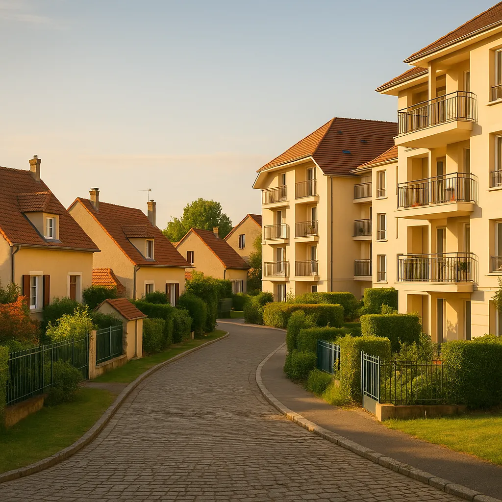 Quartier résidentiel français typique avec maisons individuelles et immeubles, jardins privés et espaces verts, représentant un marché immobilier local à analyser