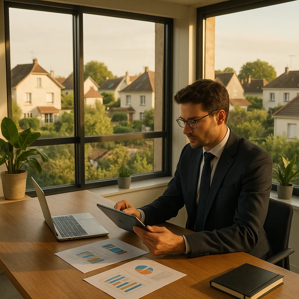 Mandataire immobilier consultant des graphiques d'analyse sur tablette dans un bureau moderne avec vue sur quartier résidentiel