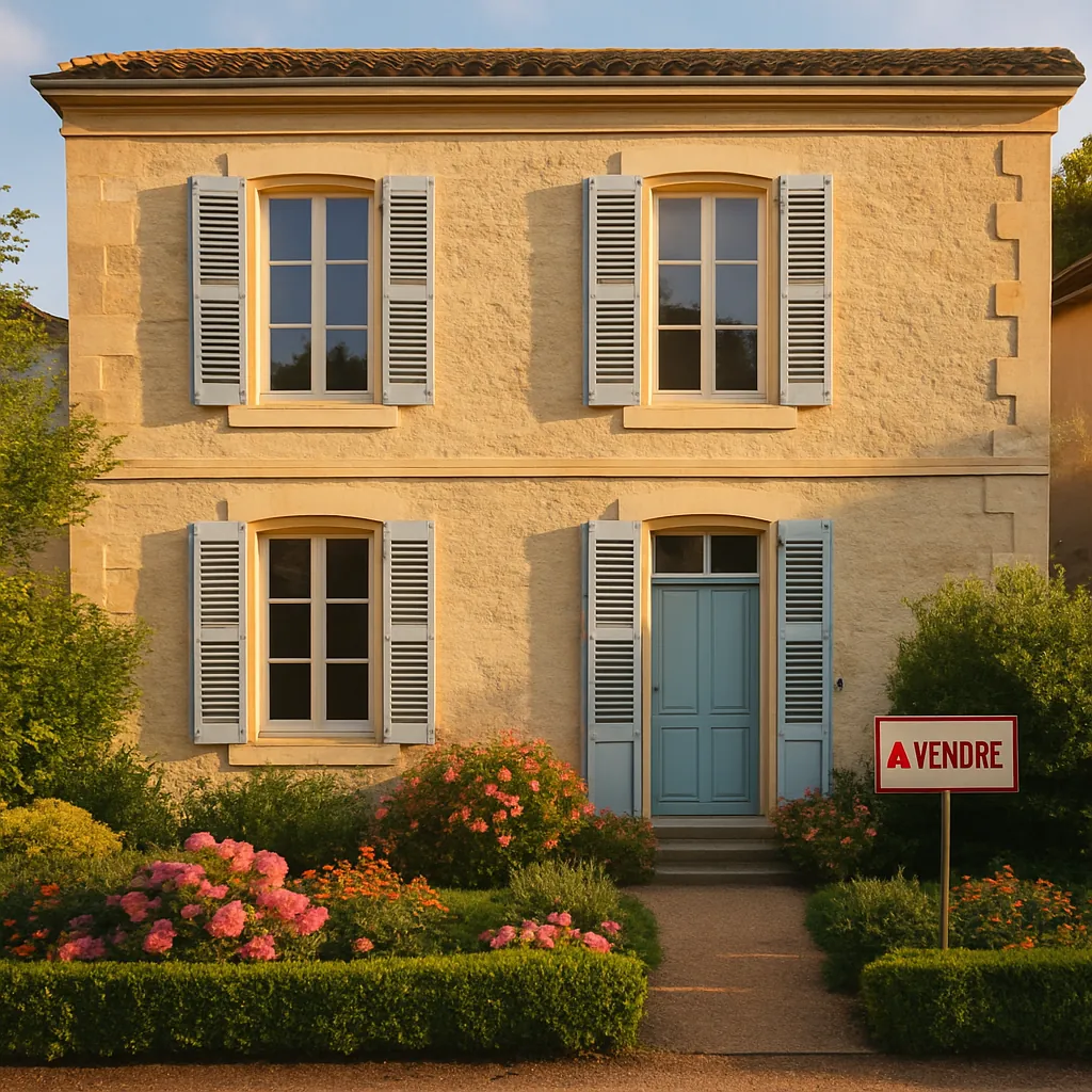 Façade élégante d'une maison bourgeoise française avec volets bleus, jardin soigné et panneau 'À vendre', lumière dorée de fin d'après-midi