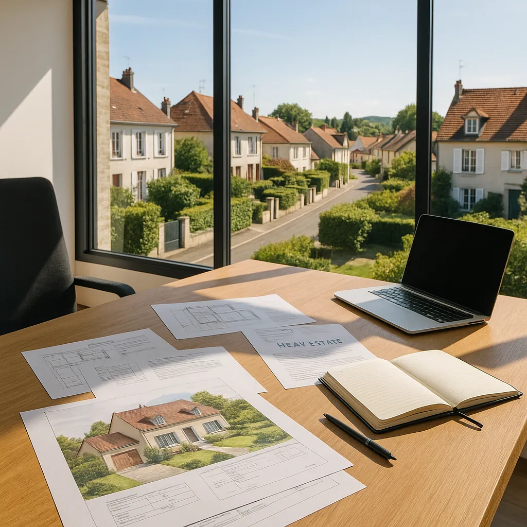 Professionnel en costume consultant des documents immobiliers dans un bureau moderne avec vue sur quartier résidentiel français