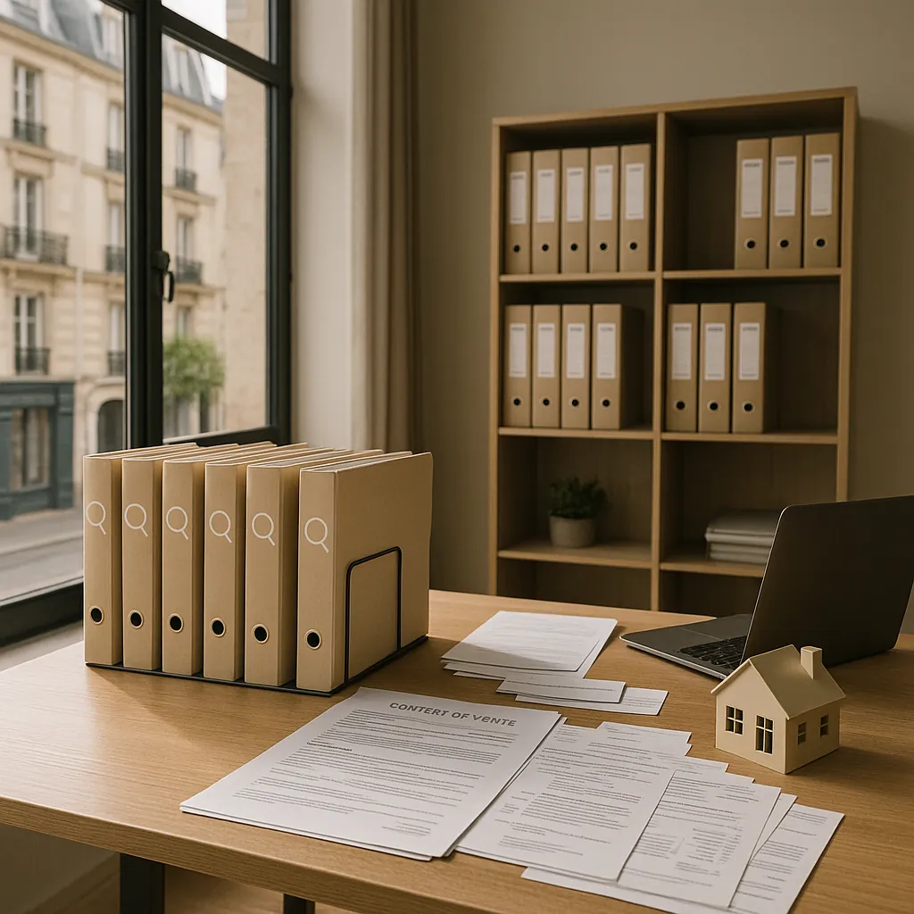 Bureau d'agence immobilière moderne avec dossiers de mandats organisés sur un bureau en bois, contrats de vente et documents administratifs, lumière naturelle filtrant par de grandes fenêtres