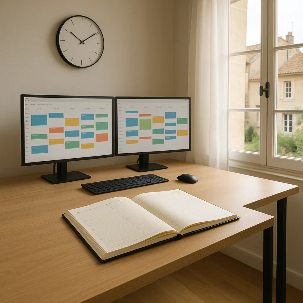 Bureau moderne épuré avec agenda ouvert, horloge murale et écrans d'ordinateur affichant un planning, lumière naturelle douce