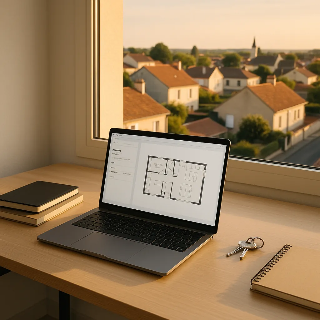 Bureau moderne d'un mandataire immobilier avec ordinateur, documents immobiliers et vue sur quartier résidentiel français