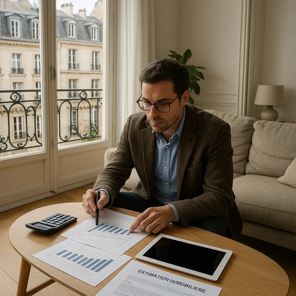 Mandataire immobilier analysant des documents d'estimation dans un appartement moderne avec vue sur marché immobilier local