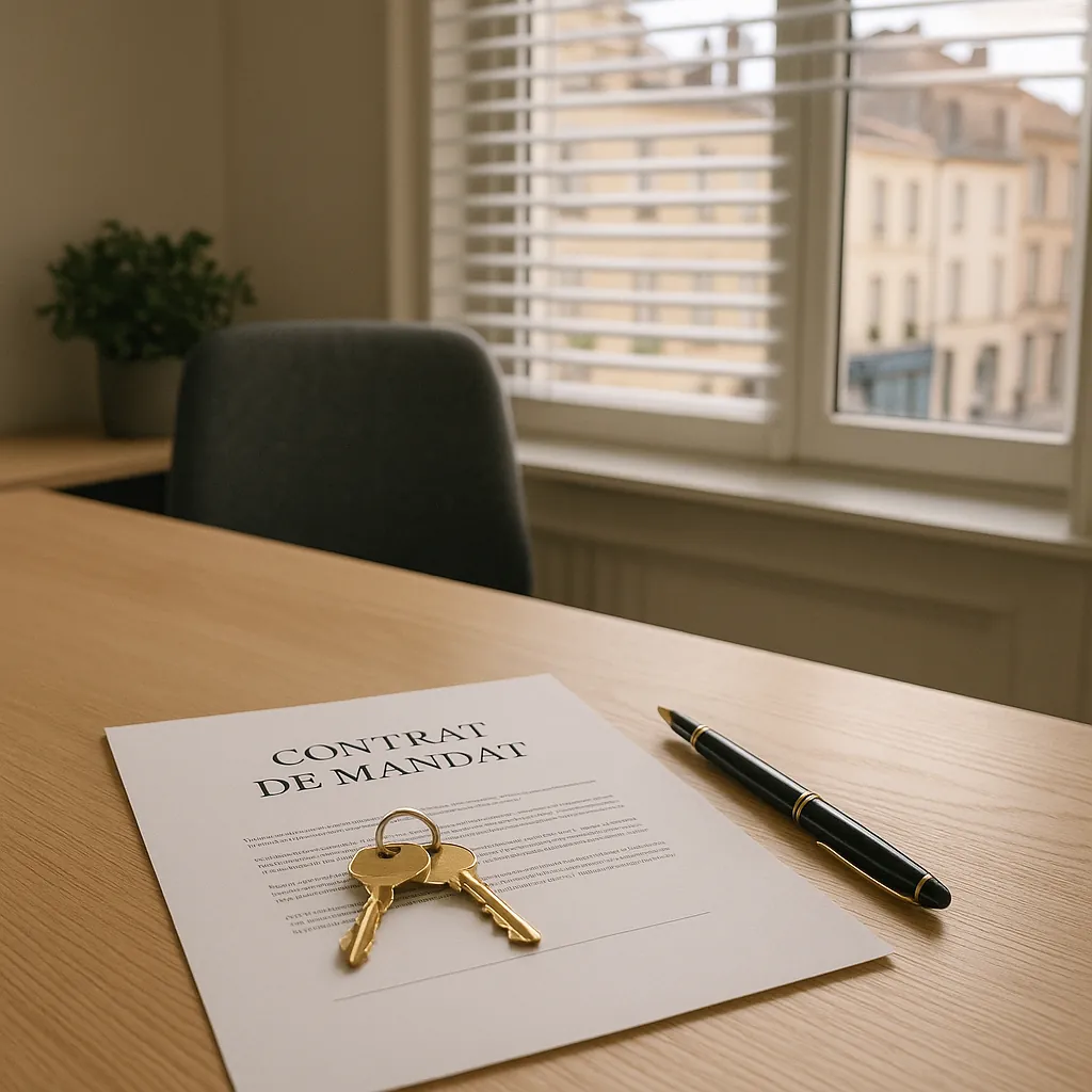 Bureau moderne avec contrat immobilier et clés de maison sur un bureau en bois, éclairage naturel