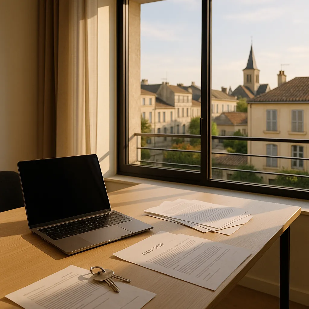 Bureau moderne avec ordinateur portable, documents immobiliers et clés disposés sur un bureau en bois, lumière naturelle filtrant par une grande fenêtre