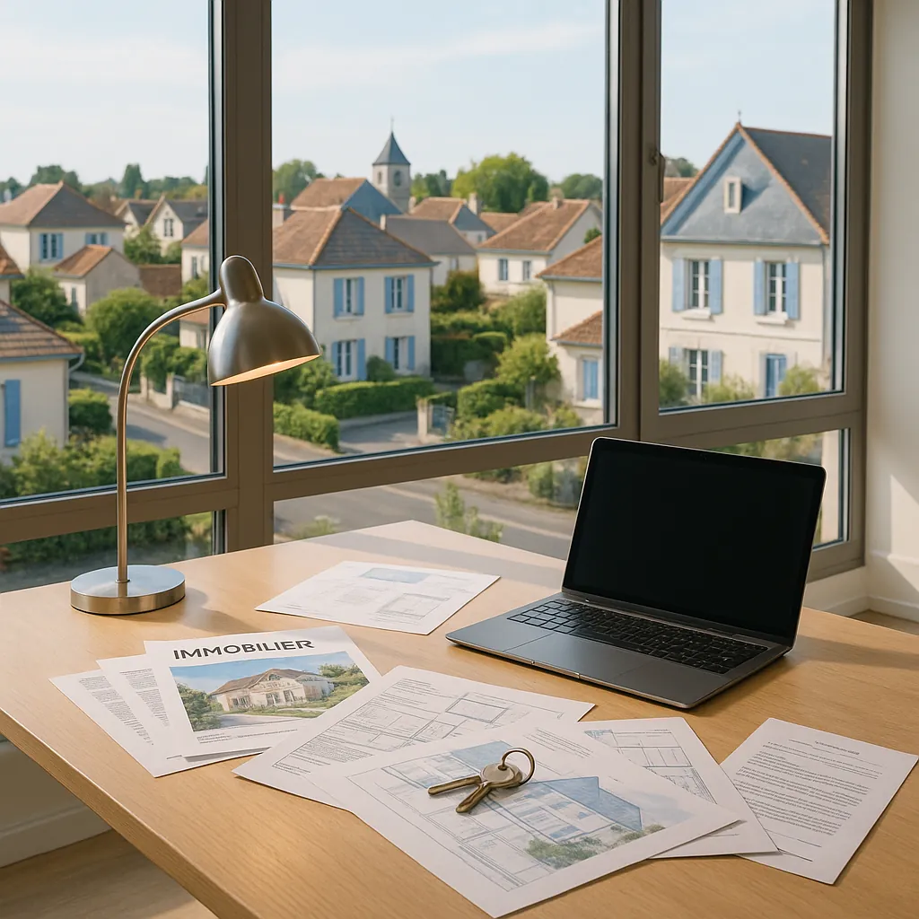 Bureau moderne avec vue sur quartier résidentiel français, documents immobiliers et clés sur le bureau, ambiance professionnelle lumineuse