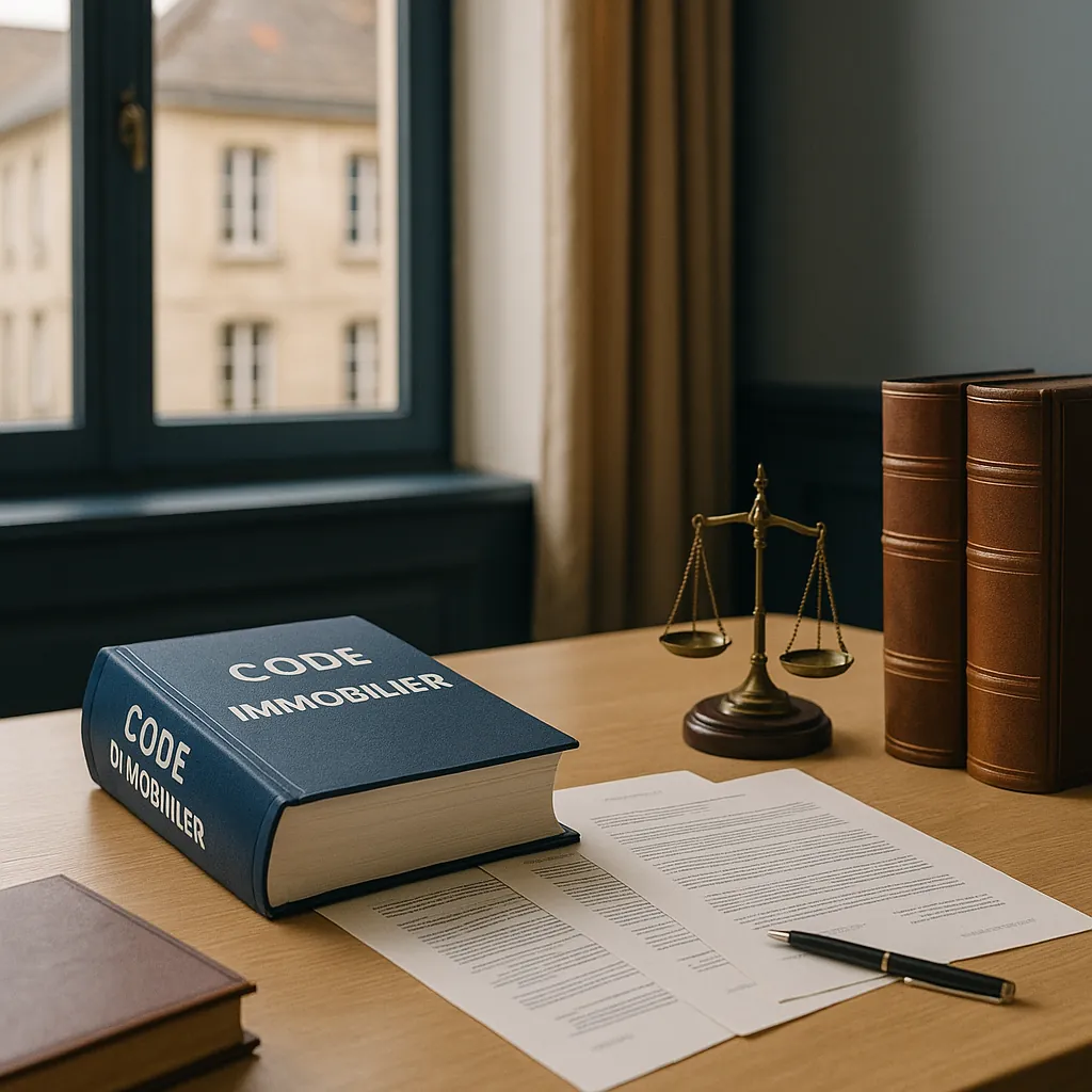 Bureau moderne avec documents juridiques et code immobilier français, symbolisant le cadre légal des mandataires immobiliers