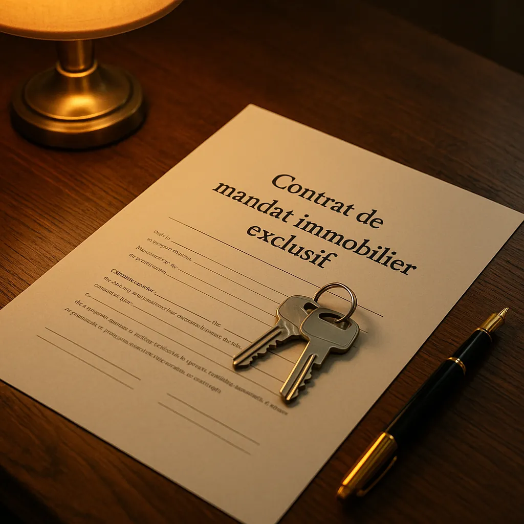 Contrat de mandat exclusif immobilier posé sur un bureau avec stylo et clés de maison, éclairage professionnel