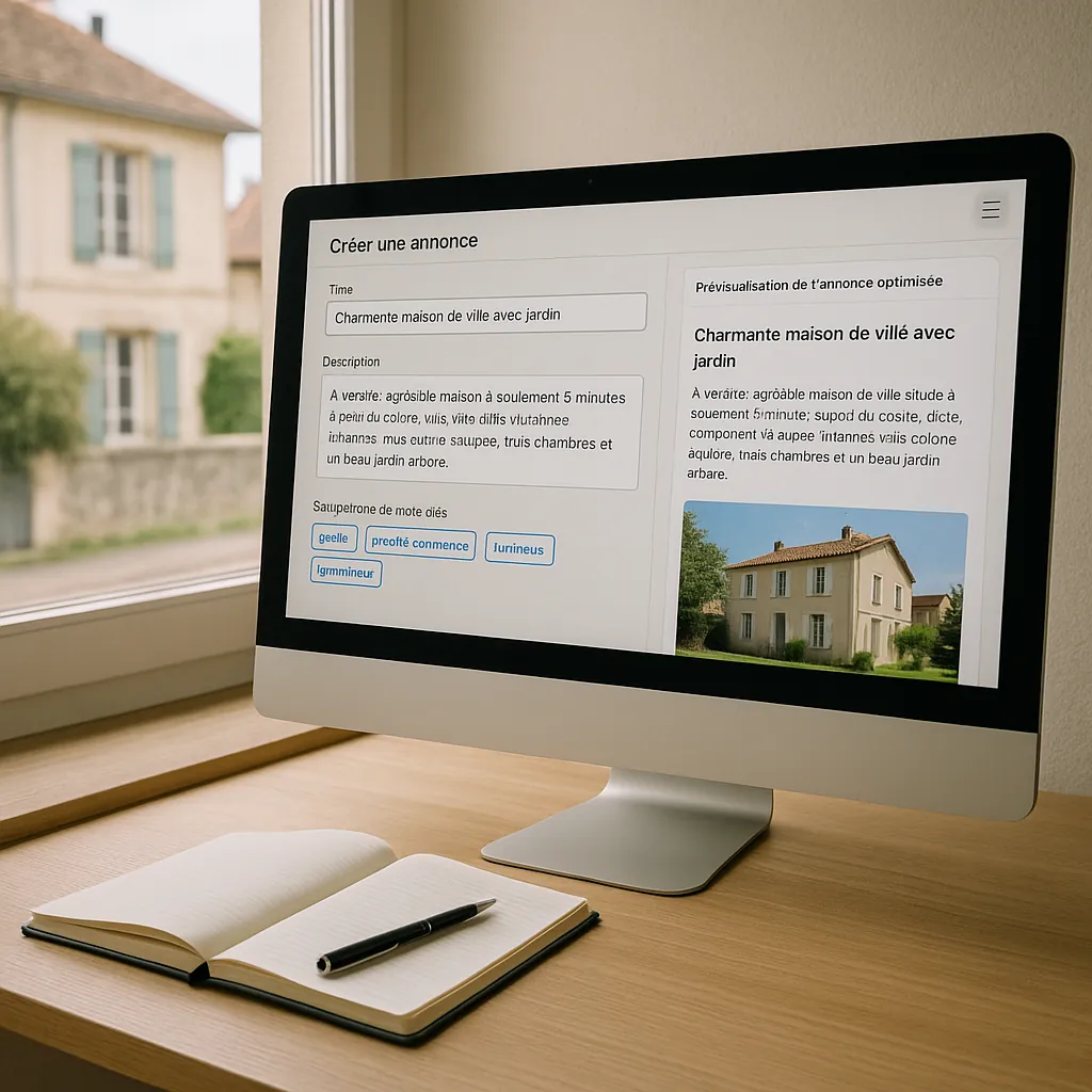 Ordinateur portable affichant une interface de création d'annonce immobilière avec champs de saisie optimisés et aperçu de rendu