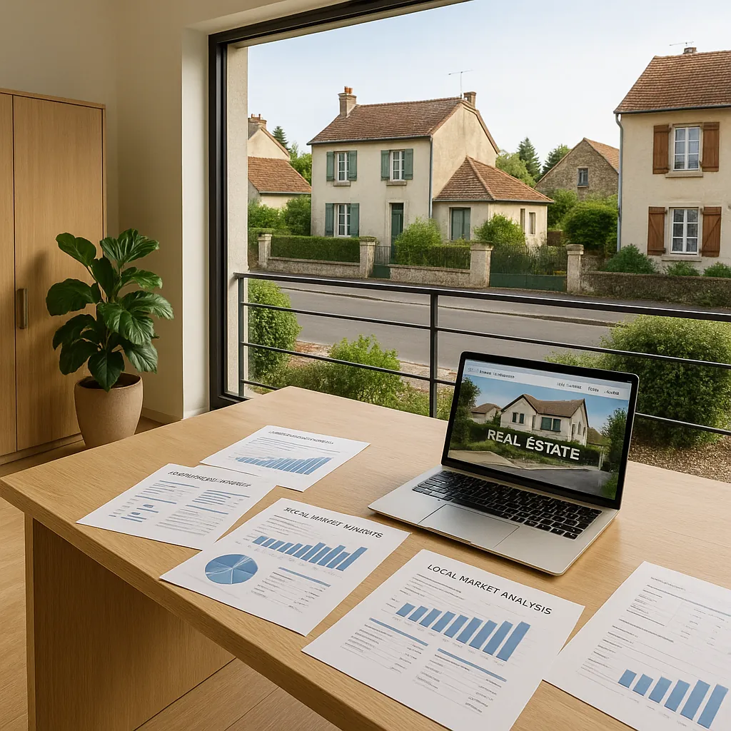 Bureau immobilier moderne avec grande baie vitrée donnant sur un quartier résidentiel français, documents d'expertise locale et ordinateur portable ouvert sur un site web professionnel