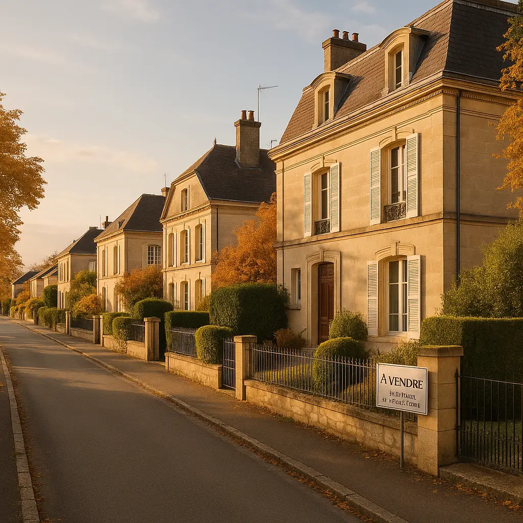Quartier résidentiel français avec maisons traditionnelles et panneaux d'agence immobilière, ambiance matinale