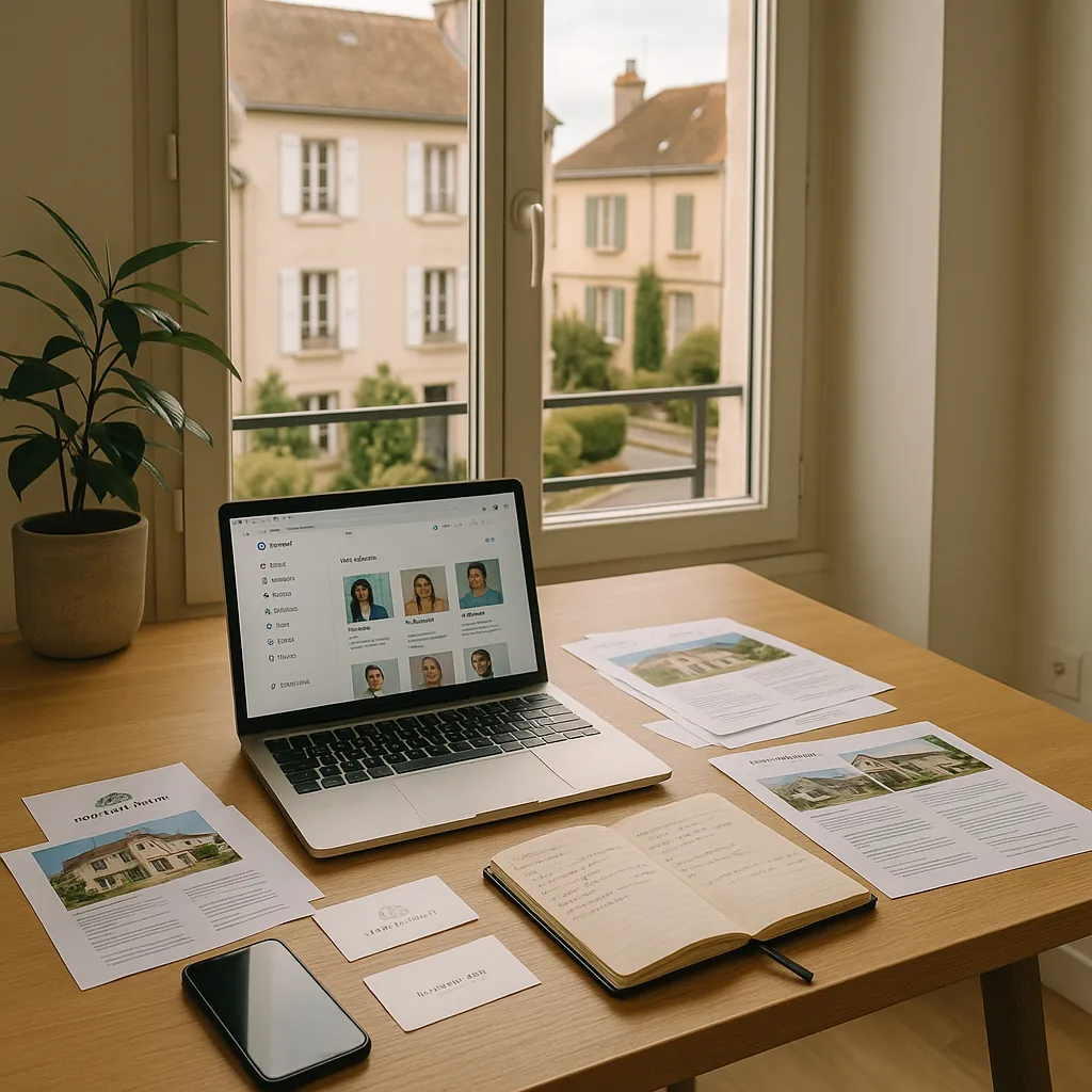Bureau moderne avec ordinateur ouvert sur les réseaux sociaux, documents immobiliers et cartes de visite disposés sur un bureau en bois, éclairage naturel
