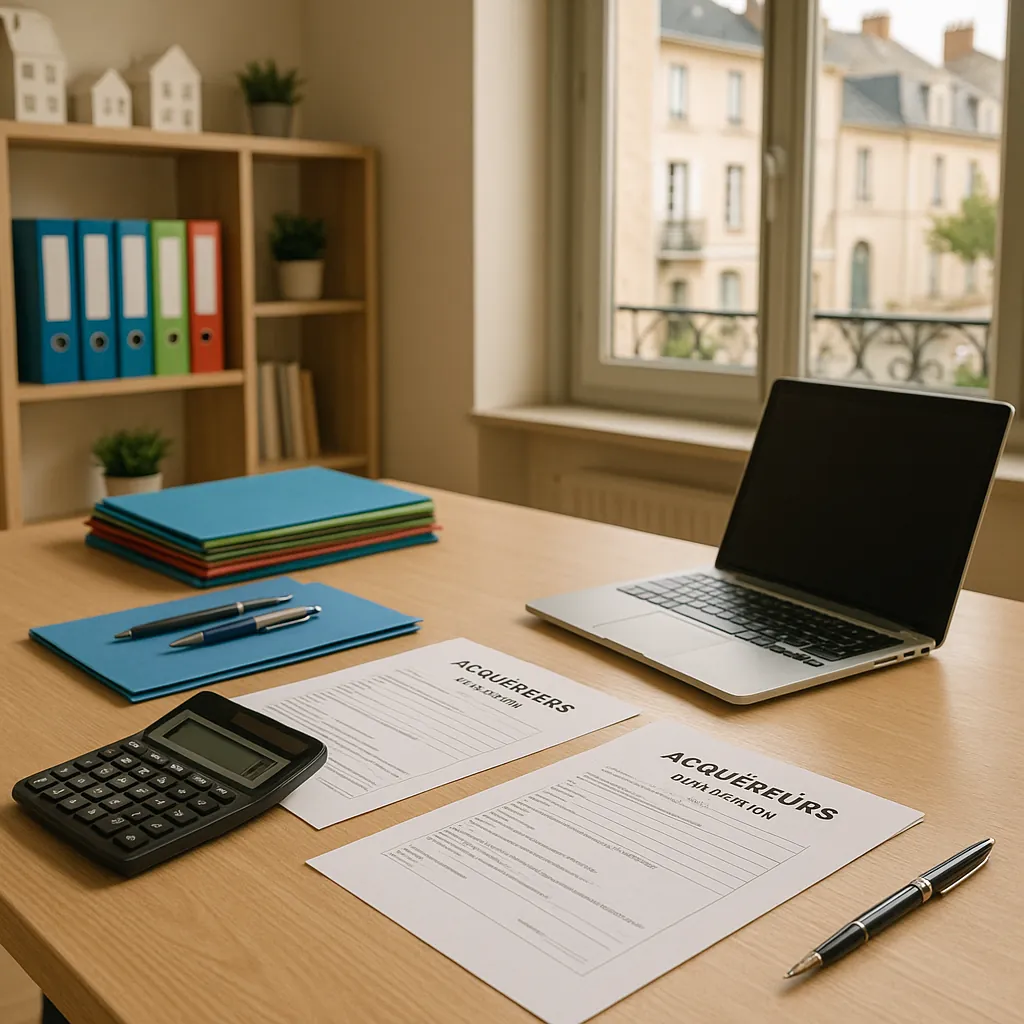 Bureau moderne d'agence immobilière avec documents de qualification d'acquéreurs, calculatrice et dossiers organisés sur un bureau en bois clair
