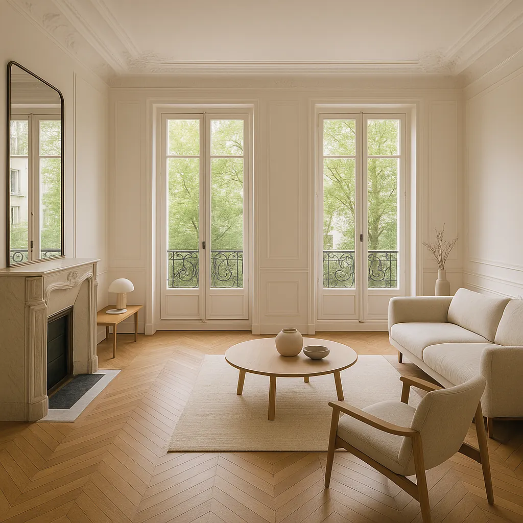 Salon lumineux d'appartement moderne avec grandes baies vitrées donnant sur jardin paysager, parquet clair et décoration épurée