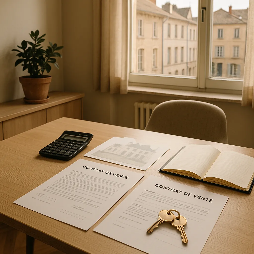 Bureau moderne avec documents immobiliers, clés de propriété et contrats disposés sur un bureau en bois, symbolisant le démarrage d'une activité de mandataire immobilier