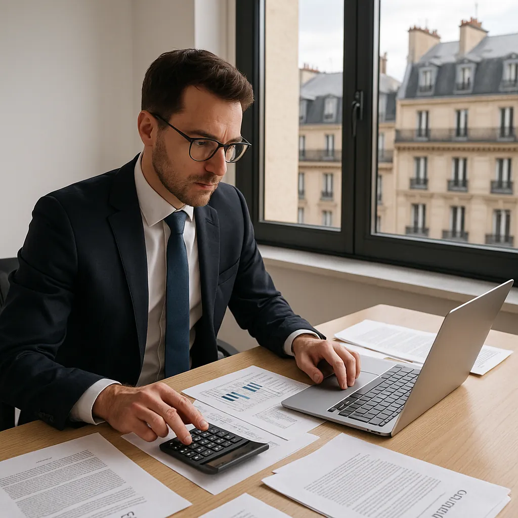 Agent immobilier professionnel analysant des documents financiers dans un bureau moderne avec calculatrice et graphiques de revenus