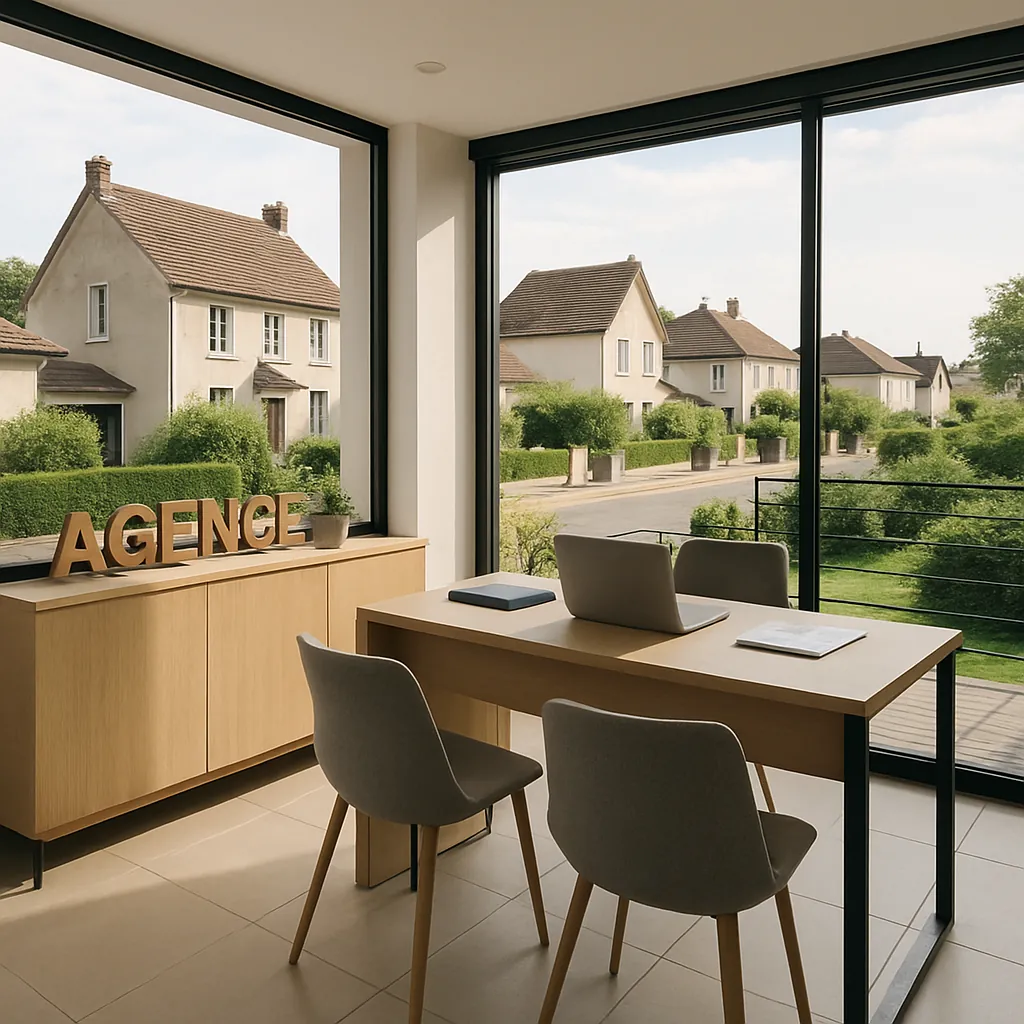 Bureaux modernes d'agence immobilière avec grandes baies vitrées donnant sur un quartier résidentiel, ambiance professionnelle avec lumière naturelle