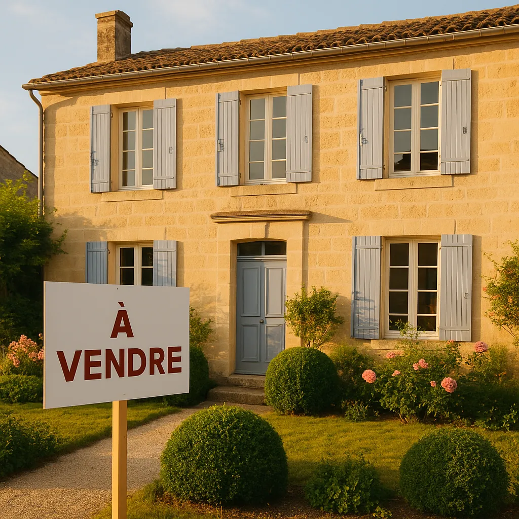 Panneau 'À vendre' devant une maison française traditionnelle avec façade en pierre et volets colorés, jardin soigné avec massifs fleuris