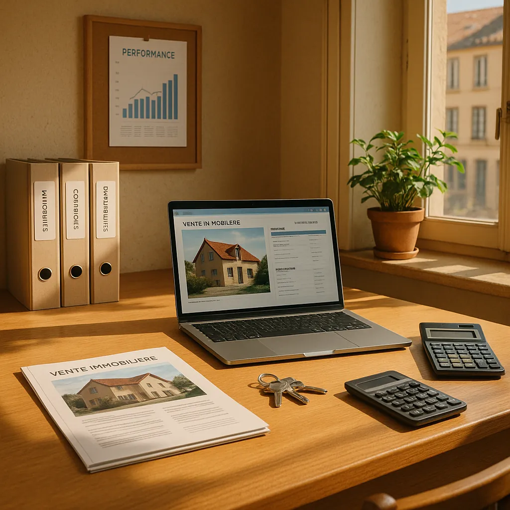 Bureau moderne d'entrepreneur immobilier avec documents professionnels, clés de propriétés et ordinateur portable, éclairage naturel professionnel